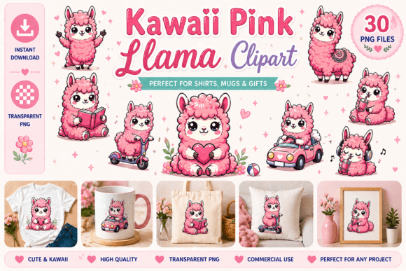 Cute Kawaii Pink Llama Clipart: A Designer's Delight