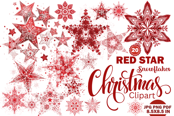Elevate Seasonal Designs with Red Star Snowflakes Christmas Clipart