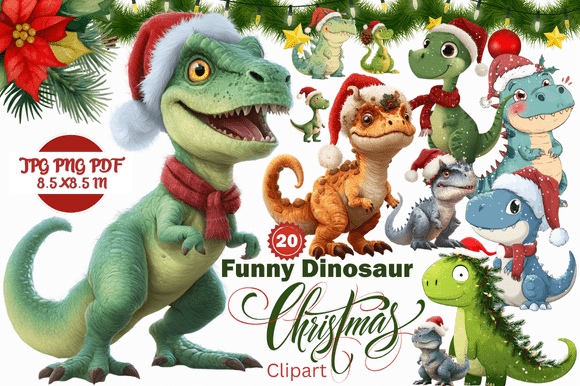 Funny Dinosaur Christmas Clipart: A Playful Design Asset