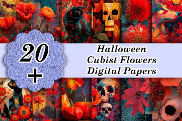 Vermilion Halloween Cubist Flowers: A Bold Design Resource